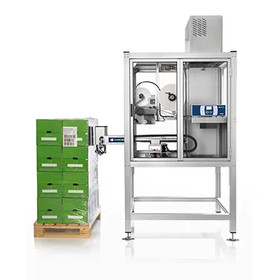 Aluminum cabinet around Domino M230i-P150 pallet labeler